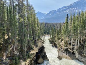 Our planet with respect and nurturing can be enjoyed for years to come. This imagel directs your gaze to a canyon, a flowing river, and towering mountains.